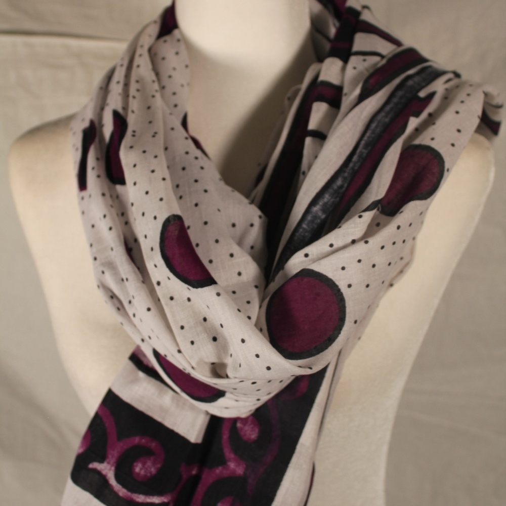 White scarf, black & purple, African motif, 40x64